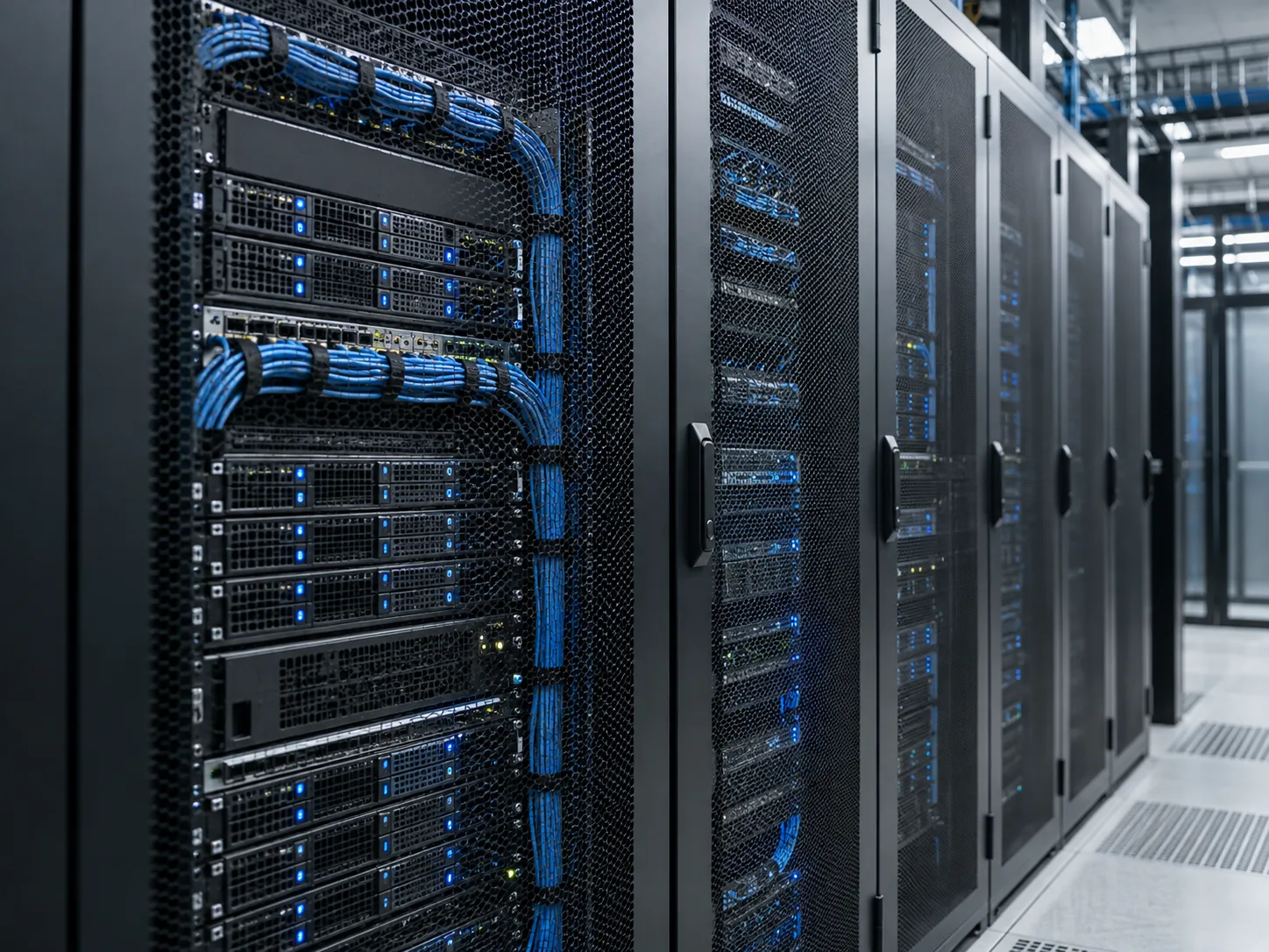 Representação de racks de servidores e conexões de rede em um datacenter