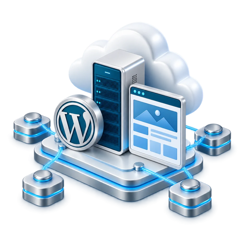 Servidor com o símbolo do WordPress e uma interface de criação de sites