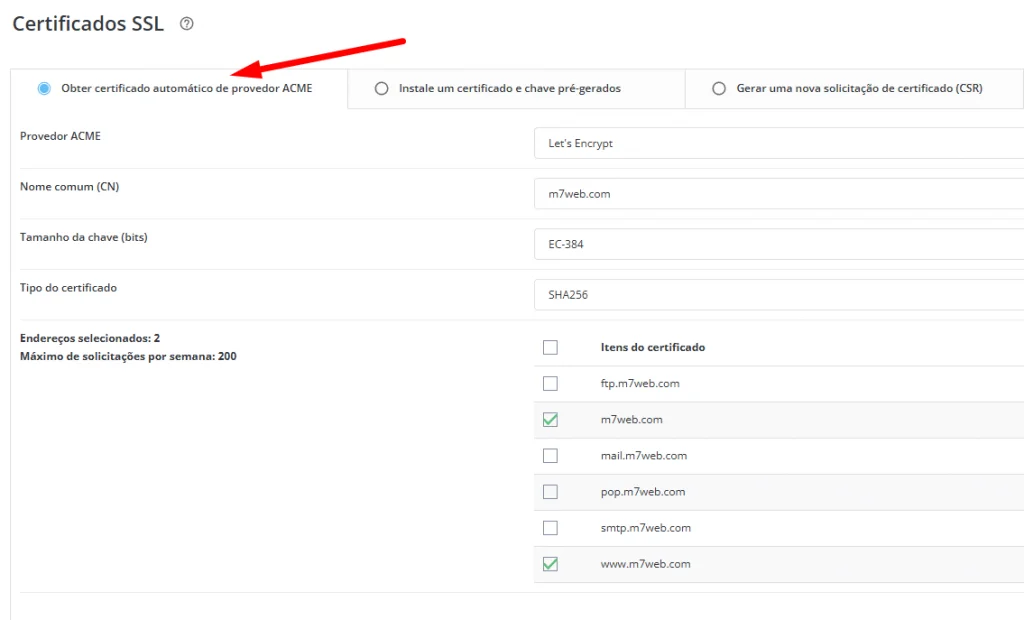 Opção de certificado automático ACME no DirectAdmin