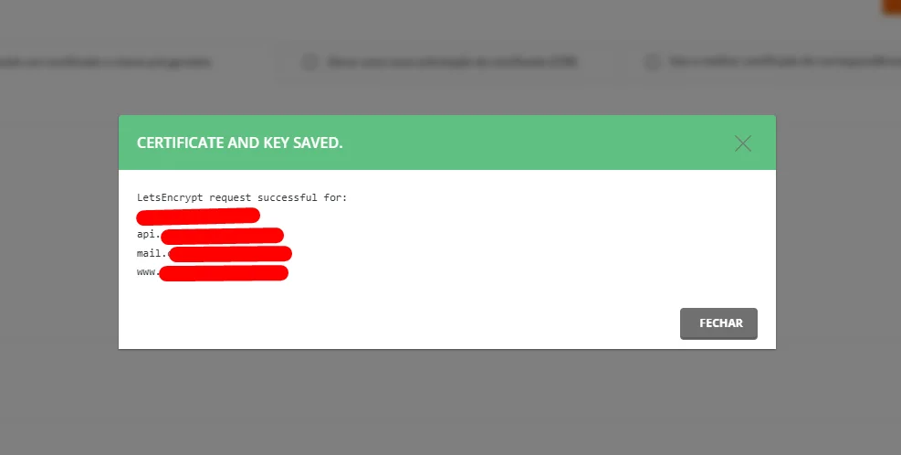 Confirmação da emissão do certificado SSL